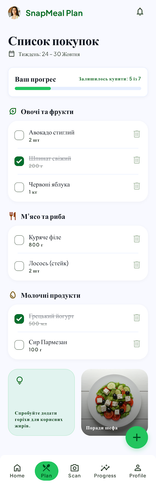 SnapMeal Shopping List screen